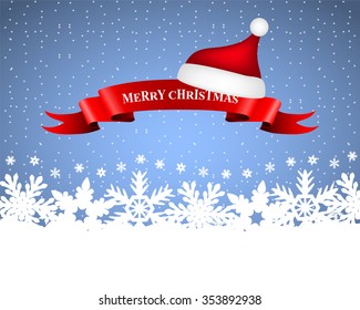 Ribbon with Santa caps on background Christmas background with snowflakes