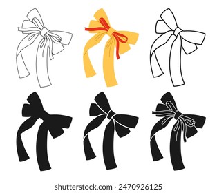 Ribbon satin bows symbol set. Trendy elegant tape sign for celebrations silhouette, icon linear design. Various cartoon bow knot gift ribbon party accessory. Glamour hand drawn vector illustration