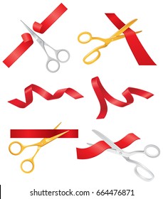 Ribbon and Scissors - realistic modern vector set of decorative objects. White background. Use this quality clip art elements for your design. Open a show, concert, store.