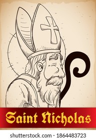 Ribbon and scroll with aged Saint Nicholas drawing, holding its staff as the patron of sailors, merchants, children and more.