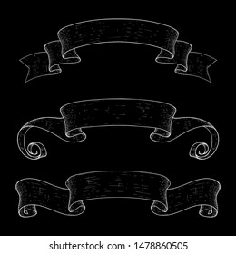 Ribbon scrolls. Hand drawn design icons on black background. Vector illustration