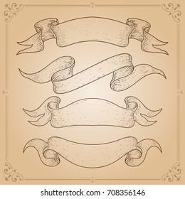 Ribbon scrolls on beige vintage background. Hand drawn sketch. Vector illustration