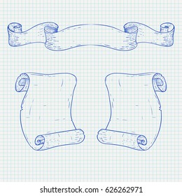 Ribbon scrolls on notebook sheet background. Vector illustration