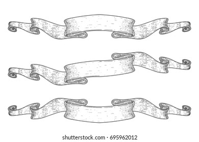 Ribbon scrolls. Outline icons of ribbon banners. Hand drawn doodle. Vector illustration isolated on white background