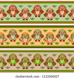 Ribbon seamless border set isolated vector illustration of eared Owl in green and brown-orange colors, cute Indian children's style symbols set hand drawn owl collection
