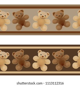 Ribbon seamless border set isolated vector illustration with plush Teddy bears for kids in brown and beige colors
