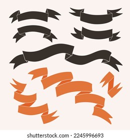 Ribbon set. Black and orange ribbons collection. Dark ribbons with light strokes. Vintage ribbons. Ideal for illustrations, design and decoration