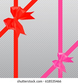 Ribbon set with bob. Original vector design. Realistic. Celebration Packaging style variation. Angle, diagonal, cross variation. Red, pink. Low polygonal objects isolated on transparent background.