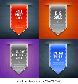 Ribbon set. Colorful ribbon promotional products design on textured background. Vector eps 10.