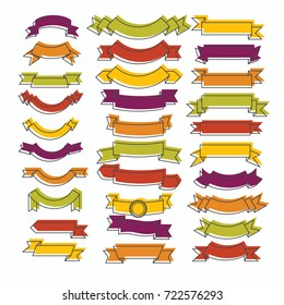 Ribbon set in doodle style isolated on white background. Vector tapes and banner shapes collection. Christmas sticker and decoration ribbon design elements