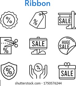 ribbon set. included gift, sale, voucher, price tag, discount, warranty icons. linear styles.