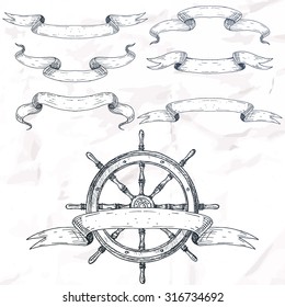 Ribbon set in nautical style. Hand drawn.