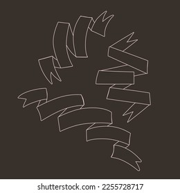 Ribbon set. Outline ribbons, light strokes on darck background. Vintage ribbons. Ideal for illustrations, design and decoration