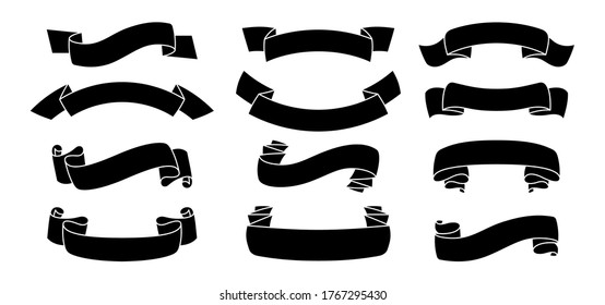 Ribbon set silhouette style. Decorative black icons, glyph tape shape collection. Design for greeting cards banners or invitations. Ribbons sign, web kit of text banner. Isolated vector illustration