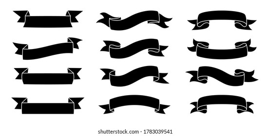 Ribbon set. Tape blank black glyph collection, decorative silhouette icons. Vintage outline design, ribbons sign style. Web icon kit of text banner tapes. Isolated vector illustration