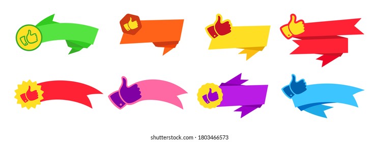 Ribbon set. Tape with thumbs up icon, flat design.  Empty banner, blank label, decorative icons cartoon collection. Isolated vector illustration