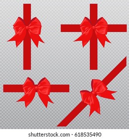 Ribbon set. Vector design. Realistic. Celebration Packaging style variation. Angle, horizontal, vertical and cross variation. Bright colored. Red, orange. Objects isolated on transparent background.