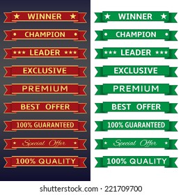 Ribbon set: Winner, champion, leader, exclusive, premium, best offer, 100% guaranteed, special offer, 100% quality.