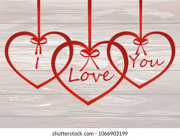 A ribbon in the shape of a heart. Red bow. Greeting card or invitation for a holiday. St. Valentine's Day. Love. Empty place for text or advertising. Vector on wooden background.