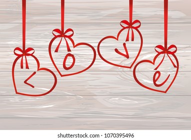 A ribbon in the shape of a heart. Red bow. Greeting card or invitation for a holiday. St. Valentine's Day. Love. Empty place for text or advertising. Vector on wooden background.