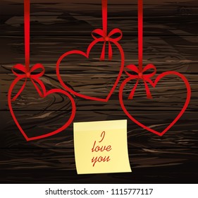 A ribbon in the shape of a heart. Red bow. Greeting card or invitation for a holiday. St. Valentine's Day. Love. Empty place for text or advertising. Vector on wooden background.