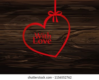 A ribbon in the shape of a heart. Red bow. Greeting card or invitation for a holiday. St. Valentine's Day. Love. Empty place for text or advertising. Vector on wooden background.