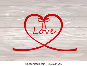 A ribbon in the shape of a heart. Red bow. Greeting card or invitation for a holiday. St. Valentine's Day. Love. Empty place for text or advertising. Vector on wooden background.