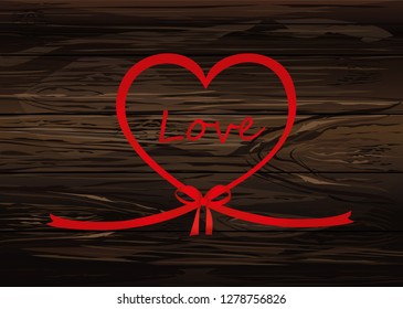 A ribbon in the shape of a heart. Red bow. Greeting card or invitation for a holiday. St. Valentine's Day. Love. Empty place for text or advertising. Vector on wooden background.