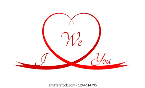 Ribbon in the shape of a heart with text. Red heart as a sign of love. Text in the heart and on both sides of the heart. Red graphic for a banner, an advertisement or a website. 