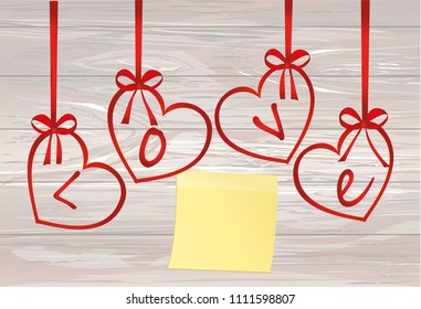 A ribbon in the shape of a heart. Yellow sheet of paper for notes. Sticker. I love you. Red bow. Greeting card or invitation for a holiday. St. Valentine's Day. Vector on wooden background.