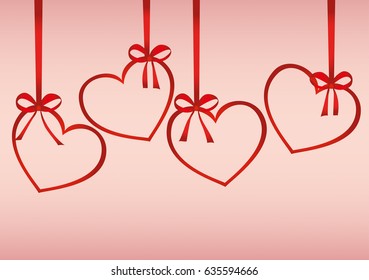 A ribbon in the shape of a hearts. Red bows. Greeting card or invitation for a holiday. St. Valentine's Day. Love. Empty place for text or advertising. Vector