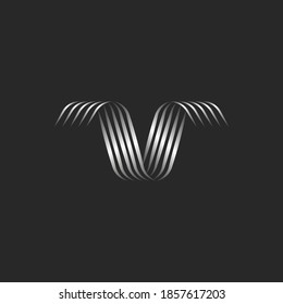 Ribbon shape letter V logo monogram with swirls of thin stripes of metallic gradient, linear abstract bird shape.