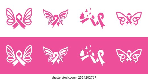 Borboleta em forma de fita, Consciência do câncer de mama Borboleta, Suporte de borboleta Câncer de mama, Asas de borboleta rosa, Borboletas e ícone de fita, borboletas, Ilustração de vetor