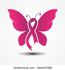 Ribbon shaped butterfly in flat style with color pink. Holidays around the world of Breast Cancer Awareness. Vector illustration EPS.8 EPS.10