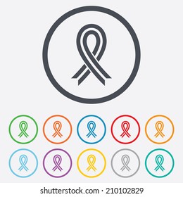 Ribbon sign icon. Breast cancer awareness symbol. Round circle buttons with frame. Vector