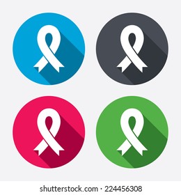 Ribbon Sign Icon. Breast Cancer Awareness Symbol. Circle Buttons With Long Shadow. 4 Icons Set. Vector