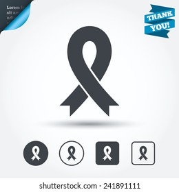 Ribbon sign icon. Breast cancer awareness symbol. Circle and square buttons. Flat design set. Thank you ribbon. Vector
