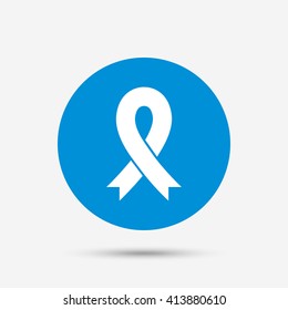 Ribbon sign icon. Breast cancer awareness symbol. Blue circle button with icon. Vector