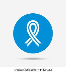Ribbon sign icon. Breast cancer awareness symbol. Blue circle button with icon. Vector