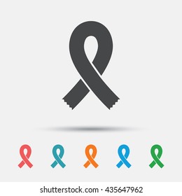 Ribbon sign icon. Breast cancer awareness symbol. Graphic element on white background. Colour clean flat awareness ribbon icons. Vector