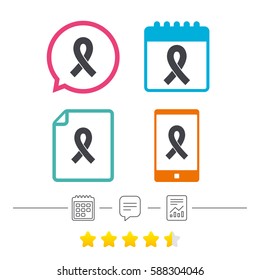Ribbon sign icon. Breast cancer awareness symbol. Calendar, chat speech bubble and report linear icons. Star vote ranking. Vector