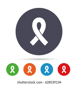 Ribbon sign icon. Breast cancer awareness symbol. Round colourful buttons with flat icons. Vector