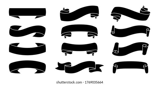 Ribbon silhouette banners set. Decorative icons, tape blank black collection. Modern design, monochrome ribbons sign cartoon style. Web icon kit of text banner. Isolated vector illustration