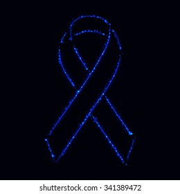 Ribbon silhouette of blue lights on dark background
