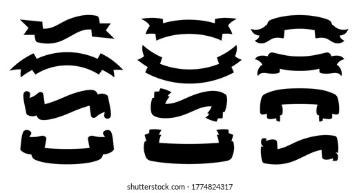 Ribbon silhouette set. Tape blank black glyph style collection, contour decorative icons. Vintage design ribbons sign. Web icon kit of text banner tapes. Isolated vector illustration