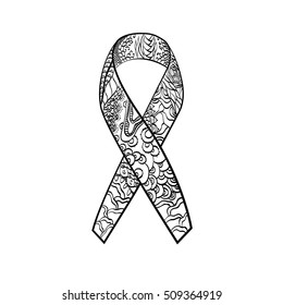 Ribbon sketch. AIDS awareness ribbon vector illustration.  Ribbon in doodle style. Hand drawn ribbon. Zen tangle style. Ribbon sketch. Cancer symbol.