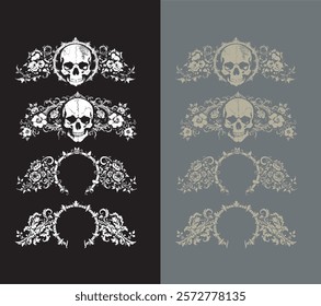 ribbon skull and flower, riband skull and flower vintage style, grunge ribbon skull, horror ribbon classic ribbon