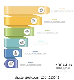 Plantilla o elemento infográfico de origami de papel espiral de cinta con 6 pasos, proceso, opción, rectángulo colorido 3D, círculo, iconos, capa, rectangular, textura metálica para la venta diapositiva, afiche, diagrama de flujo