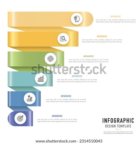 Ribbon spiral paper origami infographic template or element with 6 step, process, option, colorful 3D rectangle, circle, icons, layer, rectangular, metallic texture for sale slide, poster, flowchart