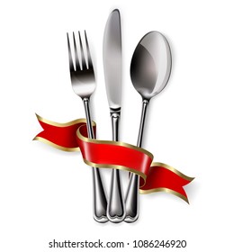 Ribbon, spoon, knife and fork on a white background. Mesh. Clipping Mask. This file contains transparency.